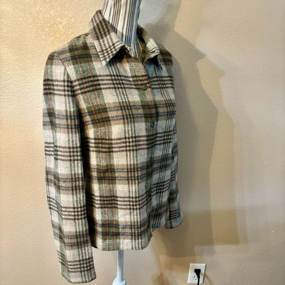 Vintage Evan Picone Top Sz 6 Wool Blend Snap-Up Plaid Tan Brown Long Sleeves - Picture 5 of 14
